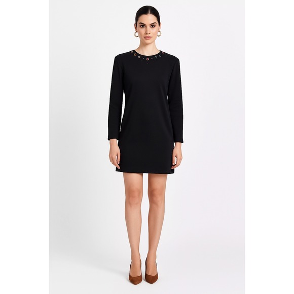 Janalyn L Incorporated Dresses & Skirts - Vintage Black Long Sleeve Embellished‎ Neckline Dress Women Large Zipper Front